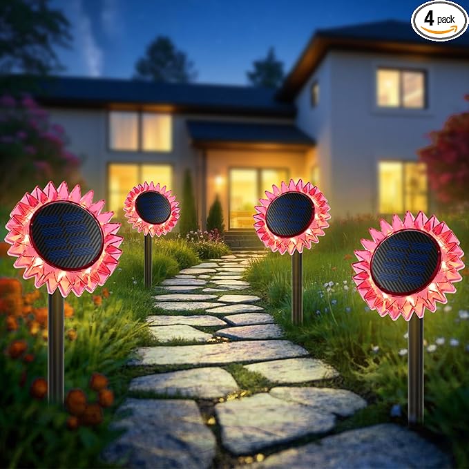 Outdoor Solar Lights, 4 Pack Led Solar Sunflower Lights, Stake/Wall 2-in-1 by GIUNN