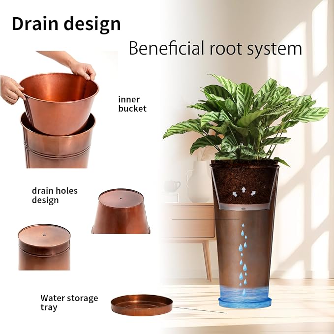 28in Tall Copper Planters Set of 2, Galvanized Steel Tall Outdoor Planter - Image 7