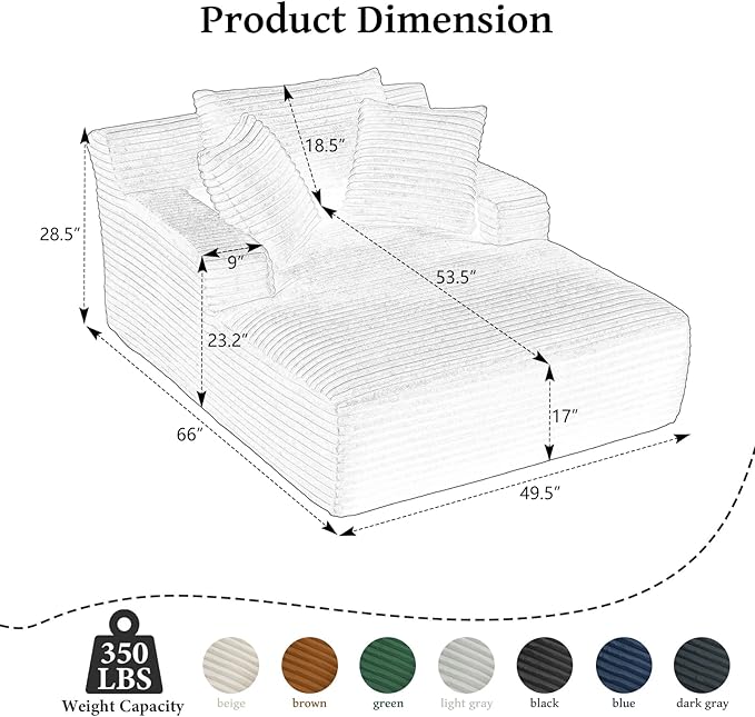 66" Chaise Lounge Chair Indoor, Oversized Boneless Couch Comfy Upholstered - Image 2