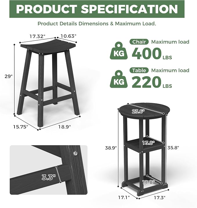 Outdoor Bistro Bar Set, Patio Bar Height Tall Stools and High Top Table Set of 2 - Image 2