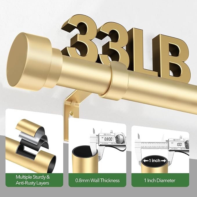 Time Forest Curtain Rods for Windows 28 to 48, 1 Inch Adjustable Gold Heavy - Image 4