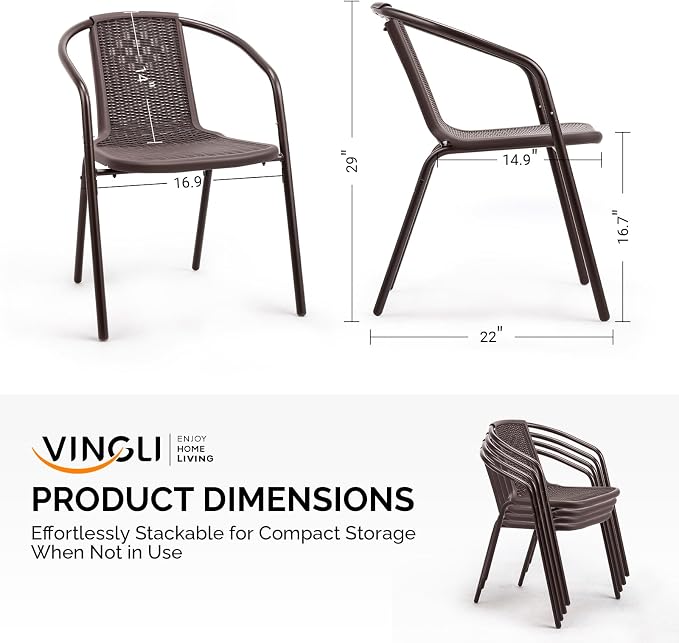 VINGLI PE Rattan Outdoor Dining Chairs Set of 2, Plastic Stackable Patio Chairs - Image 3