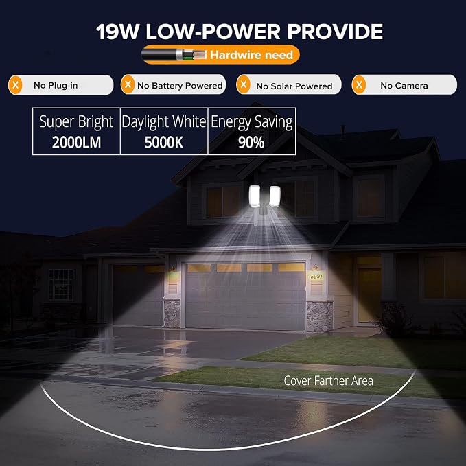 UME 2 Pack 19W LED Flood Light Motion Sensor Outdoor, 2 Adjustable Head - Image 2