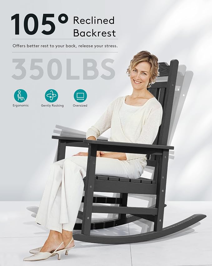 SERWALL Outdoor Rocking Chair Gray Set of 8, All Weather Patio Rocking Chair - Image 2