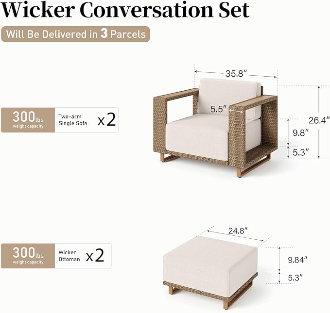 2 Pieces Patio Furniture Set, Outdoor Rattan Wicker Armchirs and Ottomans - Image 9