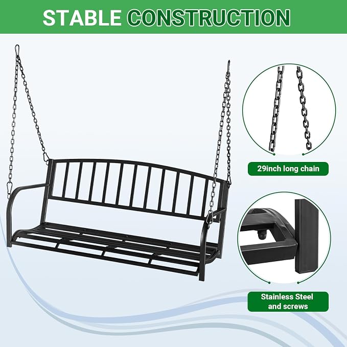 2-Person Metal Porch Swing, Heavy Duty 550LB Capacity, Garden and Balcony - Image 4