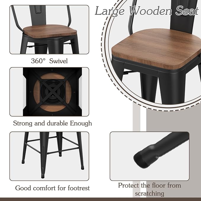 Alunaune 24" Swivel Metal Bar Stools Set of 4 High Back Counter Height - Image 5