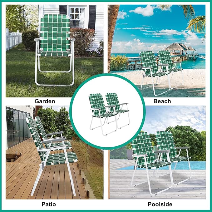VINGLI Patio Lawn Webbed Folding Chairs Set of 2, Outdoor Beach Chair Portable - Image 7