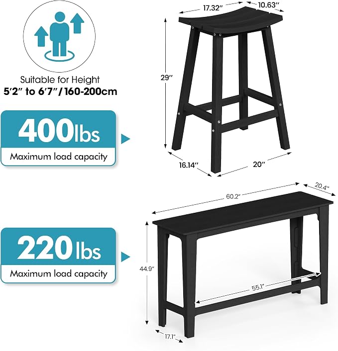 Ciokea 3 Pcs Outdoor Bar Height Table and Stools Set, Heavy-Duty All-Weather - Image 3