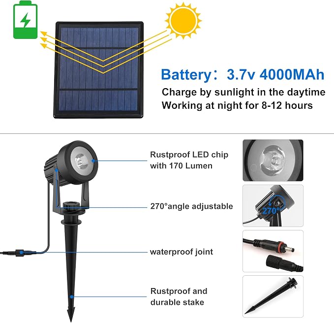 Solar Spot Lights Outdoor, Landscape Spotlights IP65 Waterproof 9.8ft Cable - Image 4