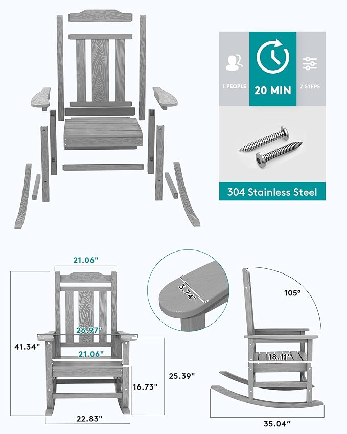 SERWALL Oversized Rocking Chair Outdoor, HDPE Outdoor Rocking Chair, Space Gray - Image 4
