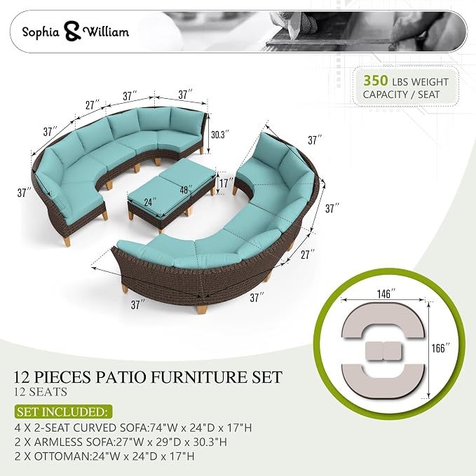 Sophia & William Outdoor Wicker Sectional Sofa Set, 12 Piece Half Moon Curved - Image 7