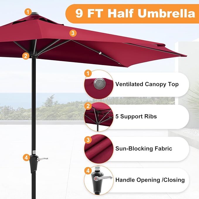 OLIXIS Half 9Ft Umbrella Outdoor Patio, Scalloped Patio Umbrella - Image 3