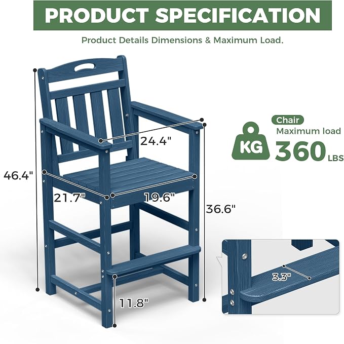 Outdoor Patio Tall Adirondack Bar Chairs Set of 2, All-Weather HDPE Bar Height - Image 4