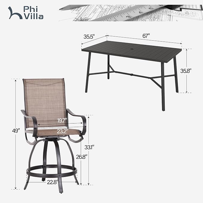 PHI VILLA 7 Piece Outdoor Bar Set, Counter Height Patio Bar Furniture Rectangle - Image 7