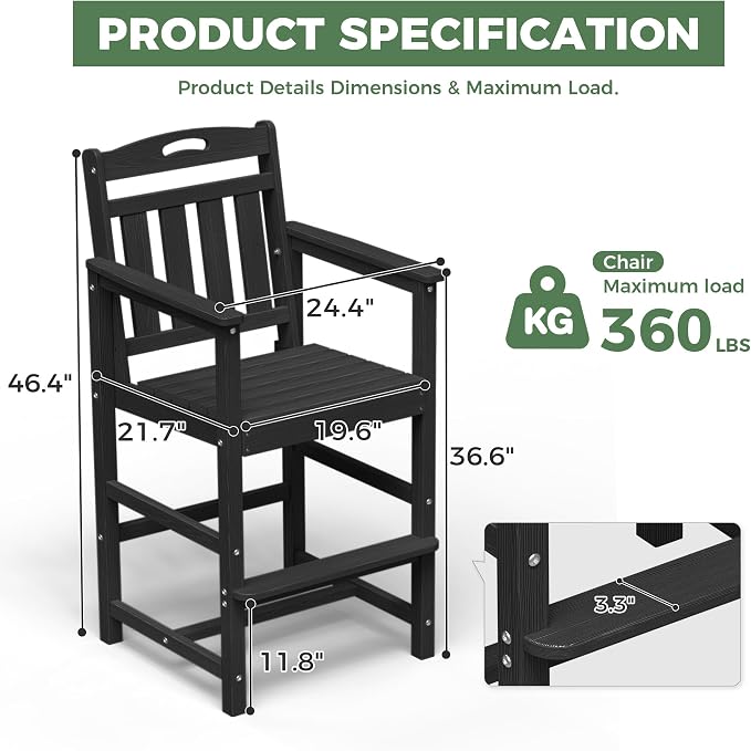 Outdoor Patio Tall Adirondack Bar Chairs Set of 2, All-Weather HDPE Bar Height - Image 4