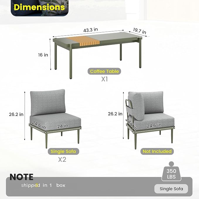Sundale Outdoor 3 Pieces Patio Furniture Set, Metal Outdoor Sectional Sofa - Image 2