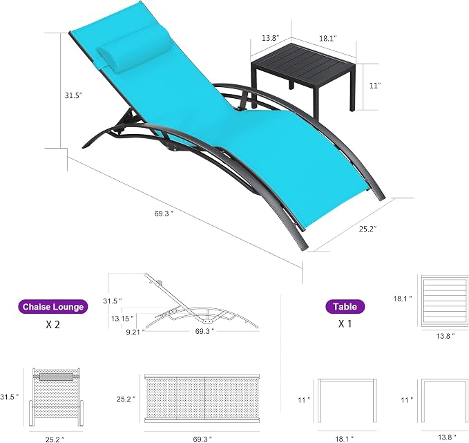 Purple Leaf Patio Chaise Lounge Set of 3 Outdoor Lounge Chair Beach Pool - Image 2