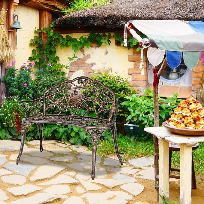 38.5" Outdoor Garden Bench, Patio Furniture Cast Aluminum Outdoor Bench - Image 2