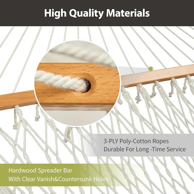 Outdoor Double Hammock with Hardwood Spreader Bars, Large Rope Hammock with - Image 5
