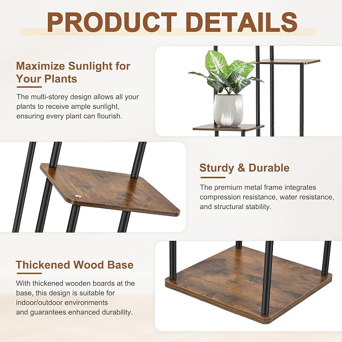 6 Tier Plant Stand Indoor Outdoor, Wood Metal Corner Shelf, Planter Shelf - Image 4