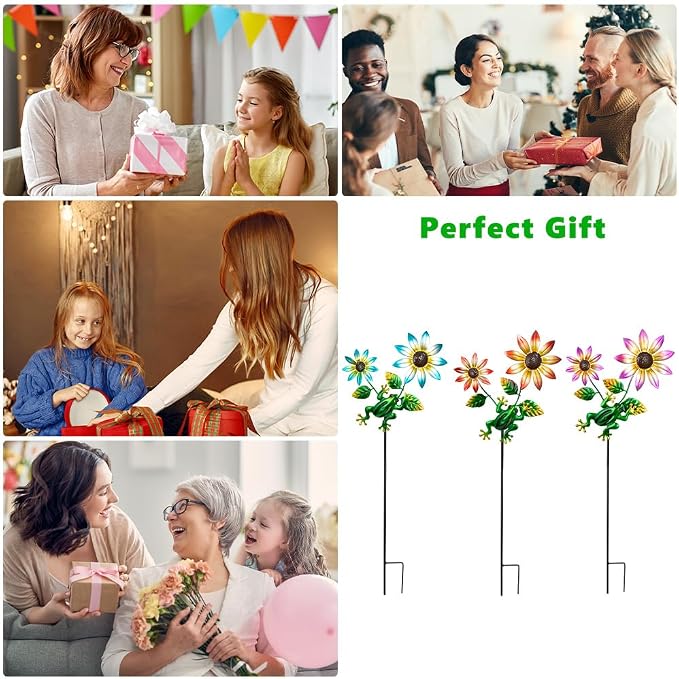 3 Pack Frog＆Flowers Garden Stakes Decor, Metal Yard Art Decorative Garden Stakes - Image 8