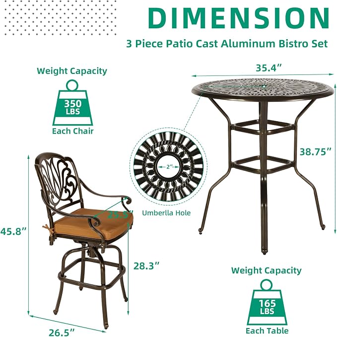 VIVIJASON 3-Piece Patio Swivel Bar Stools Set, All Weather Cast Aluminum - Image 6