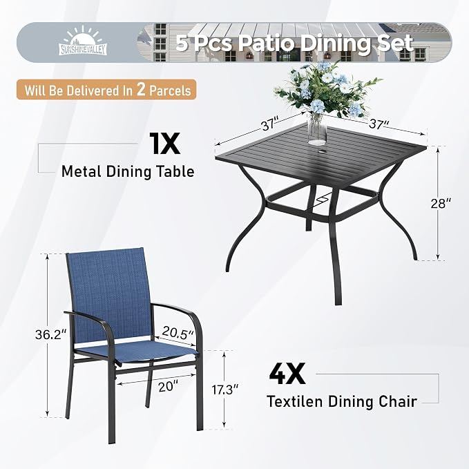 5 Piece Patio Dining Set for 4, 37”x37” Square Table - Image 4