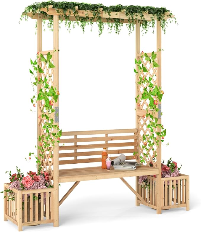 Giantex Outdoor Bench with Garden Arbor & 2 Planter Boxes, Wooden Trellis by Giantex