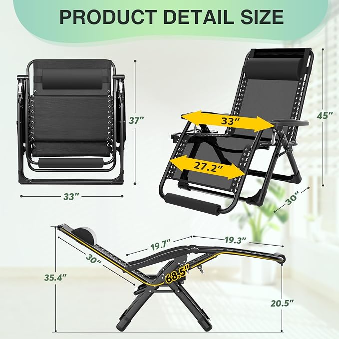 Suteck Oversized Zero Gravity Chair, 33In XXL Outdoor Recliner Chair - Image 2