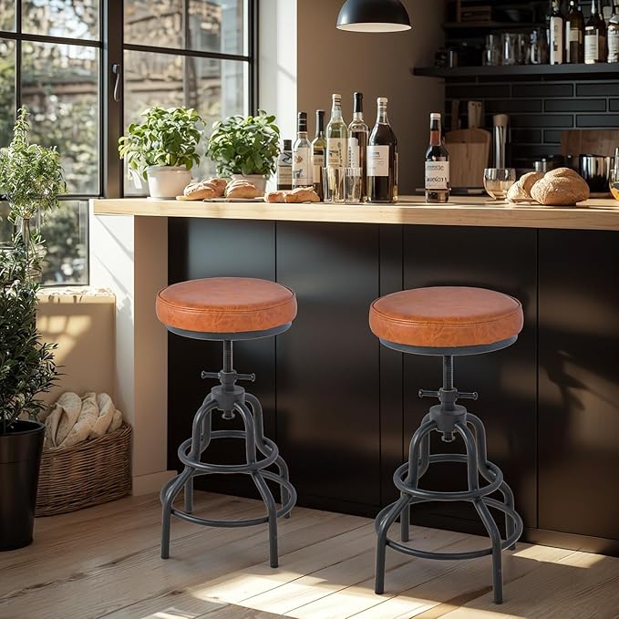 LOKKHAN Industrial Bar Stools-Swivel Leather Metal Bar Stool-20-27 Inch Tall - Image 8