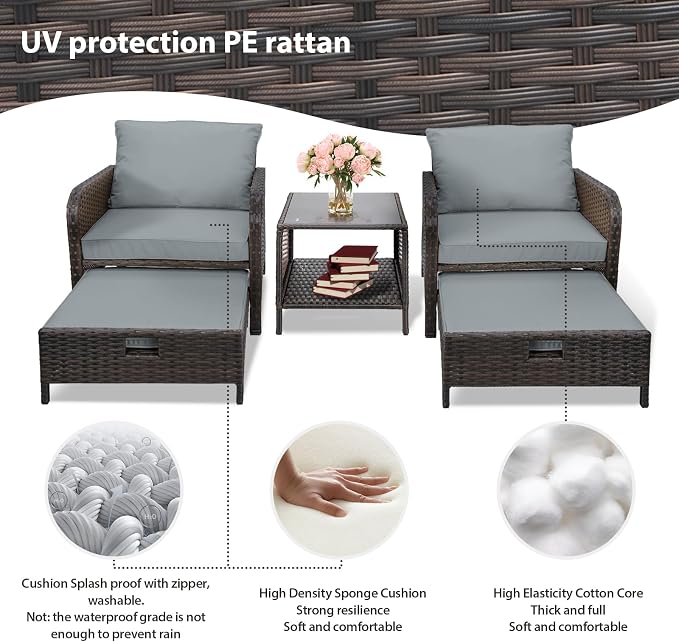 LEVELEVE Balcony Furniture 5 Piece Patio Conversation Set, PE Wicker Rattan - Image 6