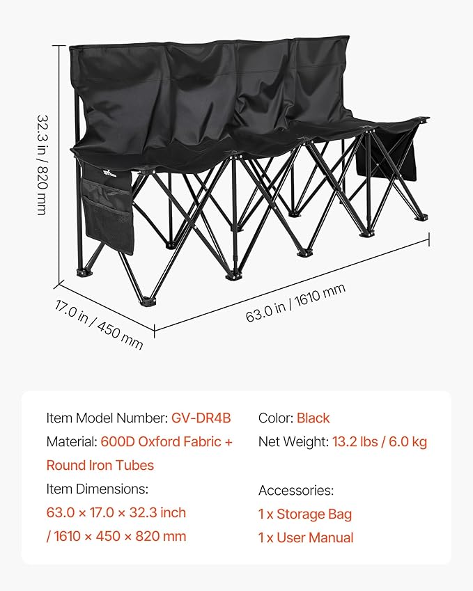 VEVOR Portable Folding Bench, 4 Seat Foldable Soccer Bench - Image 3