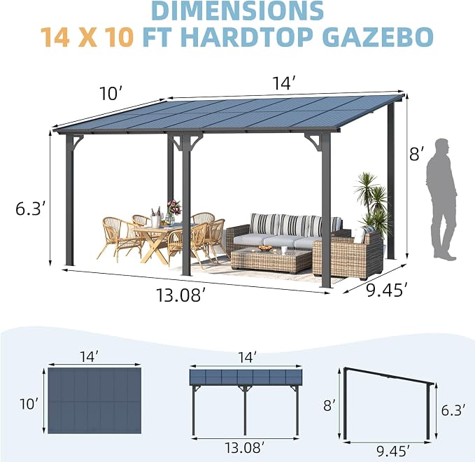 AECOJOY 14' x 10' Gazebo for Patio, Hard Top Lean to Gazebo Pergola - Image 7