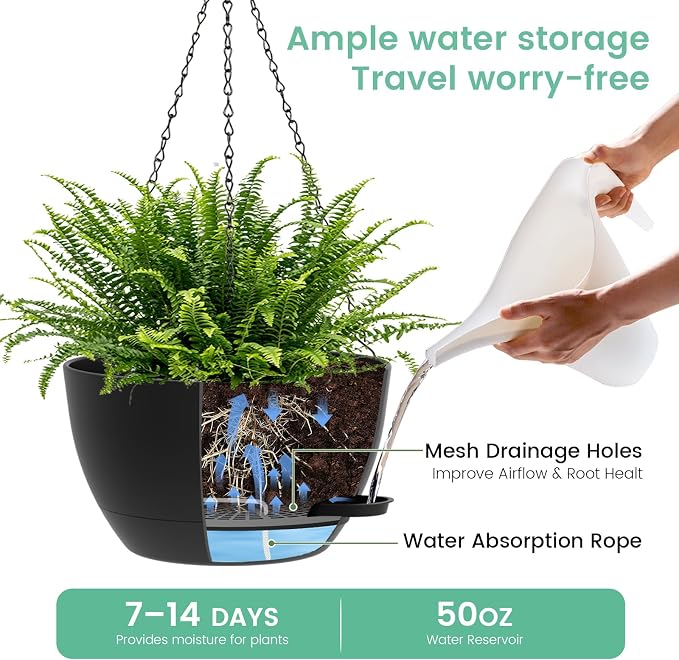 13 Inch 2 Pack Large Self Watering Hanging Planters - Image 3