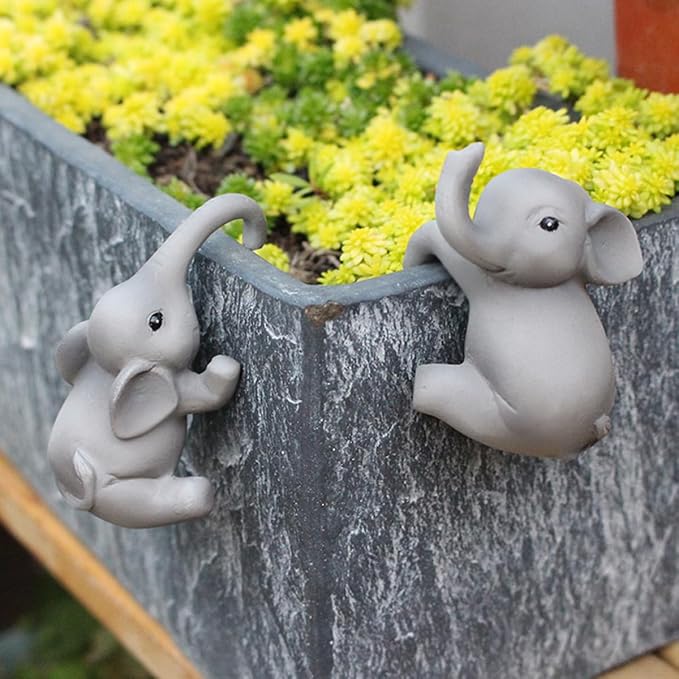 Set of 2 Cute Climbing Elephant Statues Flower Pot Hugger, Resin Hanging by JARPSIRY