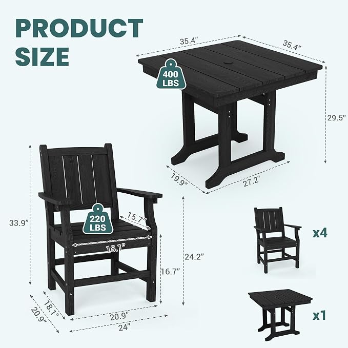 Pamapic 5 PCS Outdoor Dining Set, Spacious HDPE Outdoor Table and Chairs - Image 6