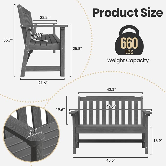 Ciokea 49" Heavy Duty Outdoor Bench, HDPE Weatherproof Porch Benches, Durable - Image 2