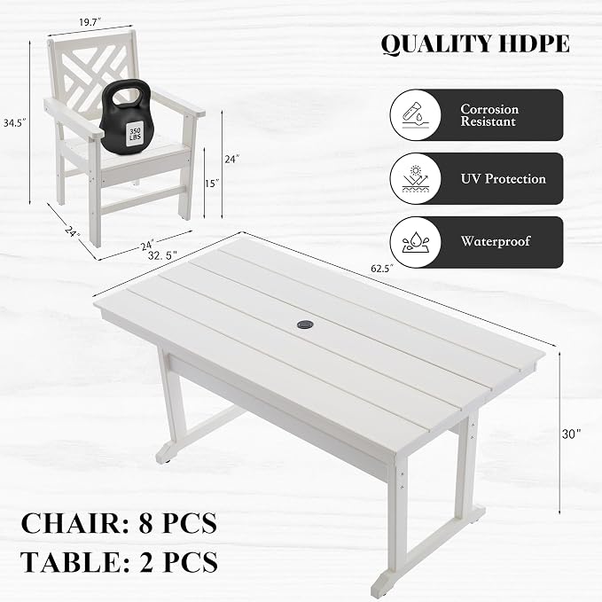 HDPE Outdoor Dining Set, 10-Piece Outdoor Table and Chairs Include 8 Dining - Image 3