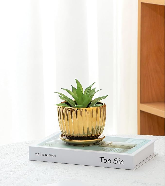 Ton Sin Gold Plant Pots, 4.1+5.1+6.5 Inch Ceramic Succulent Planters Set of 3 - Image 6