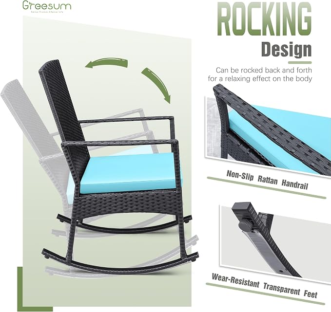 Greesum 3 Pieces Patio Furniture Set Outdoor Wicker Rocking Chairs - Image 4