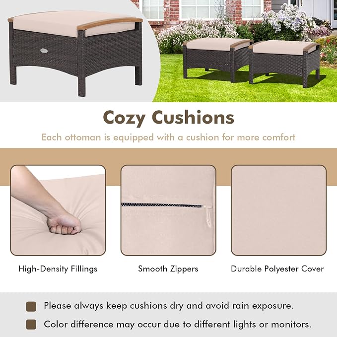 Tangkula 2 Piece Patio Rattan Ottomans, Outdoor Wicker Footstool w/Acacia Wood - Image 6
