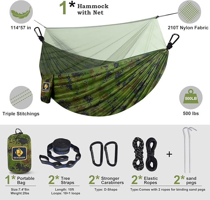 Camping Hammock with Net, Travel Portable Lightweight Hammocks with Tree Straps - Image 6