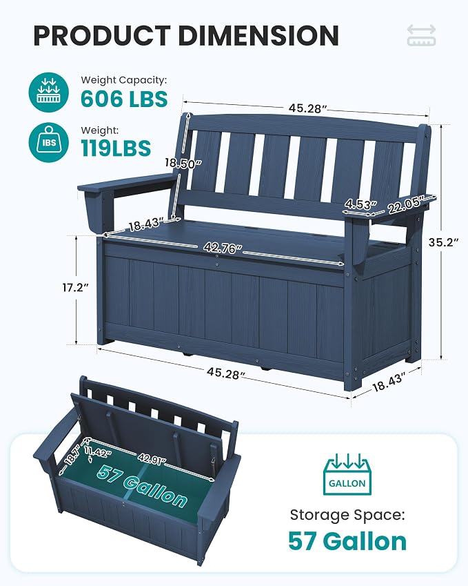 SERWALL HDPE Outdoor Storage Bench, All-Weather, UV-Resistant Deck Box - Image 3
