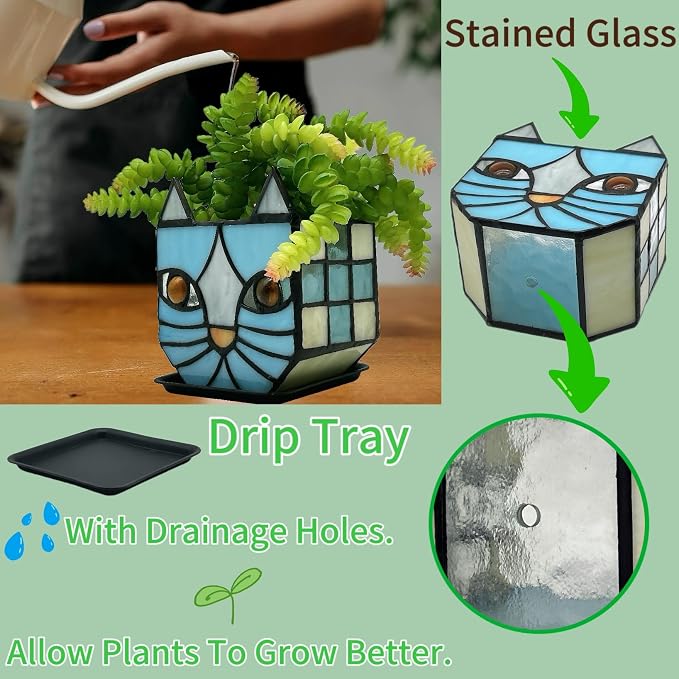 Stained Glass Blue Cat Planter, Plant pots - Image 4