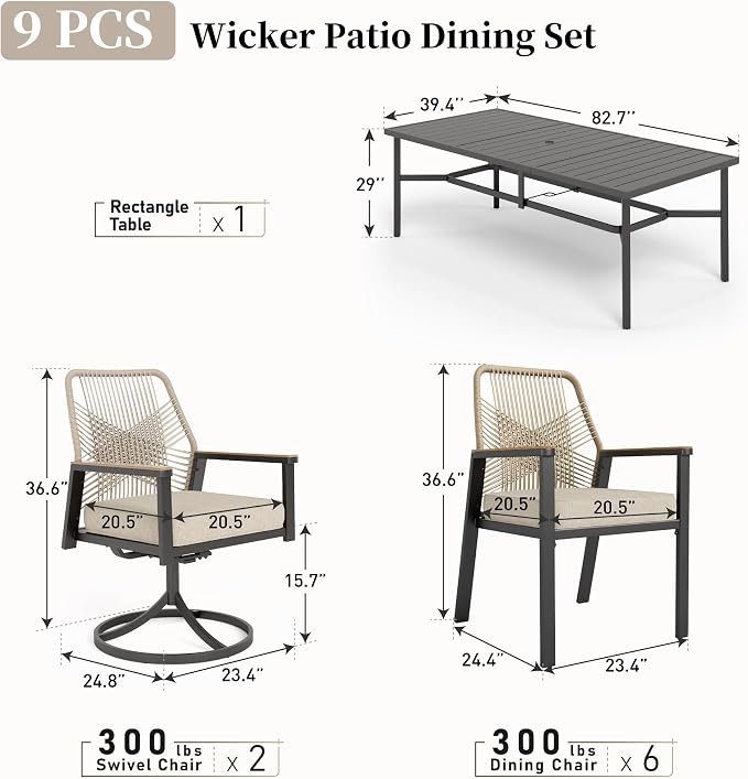 Patio Dining Set 9 Piece, 6 Woven Rattan Fixed Chairs and 2 Swivel Chairs - Image 3