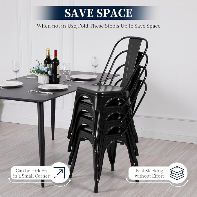 FDW | Metal Dining Chairs | Set of 4 | Black | Stackable Tolix Side Chairs - Image 4