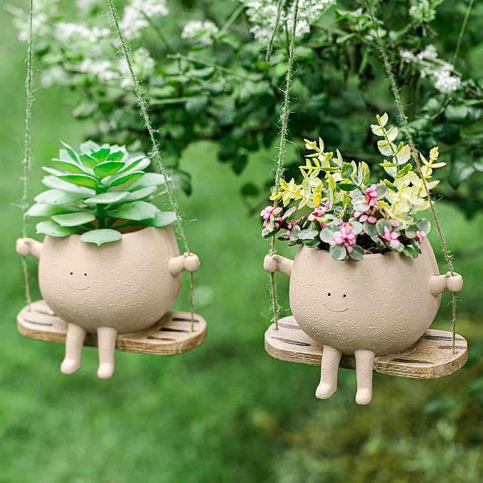 Domensi 2 Pcs Swing Hanging Planter Cute Smile Flower Face Pot Indoor Outdoor by Domensi