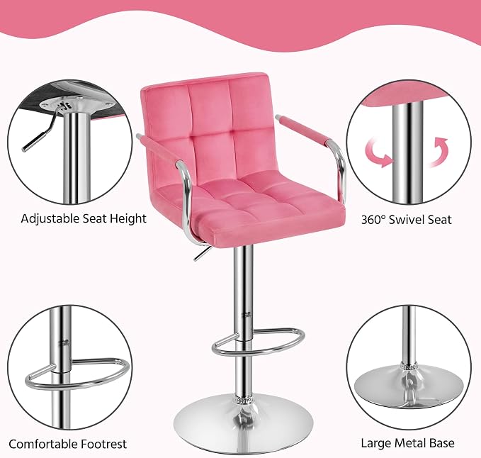 Yaheetech Bar Stools Set of 2, Adjustable Velvet Fabric Swivel Barstools - Image 6