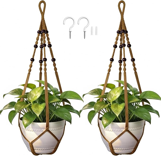 Macrame Plant Hanger, Wood Beads Cotton Hanging Planter Holder by Unknown